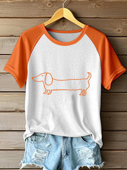Linha arte Dachshund impressão contraste t-shirt das mulheres