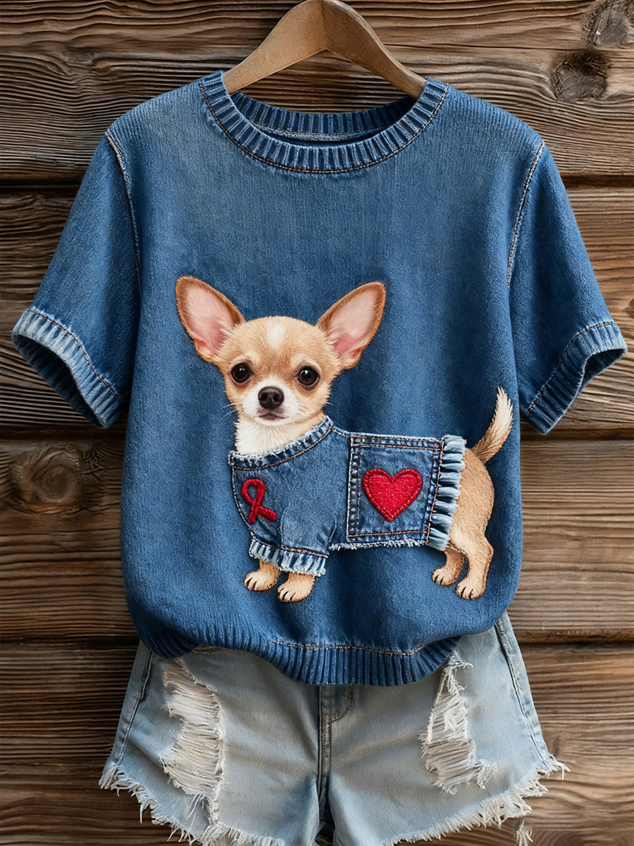Artístico Animal Print Confortável Malha Top de manga curta feminino