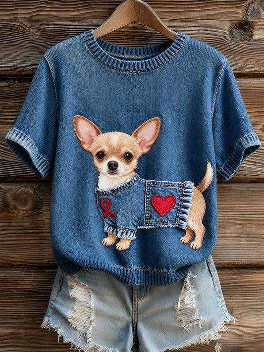 Artístico Animal Print Confortável Malha Top de manga curta feminino
