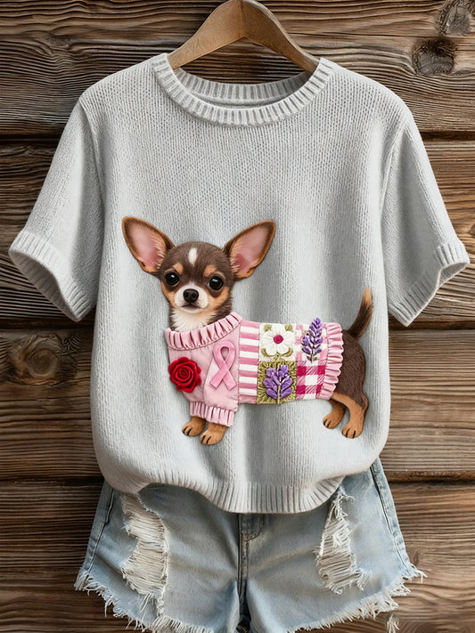 Artístico Animal Print Confortável Malha Top de manga curta feminino
