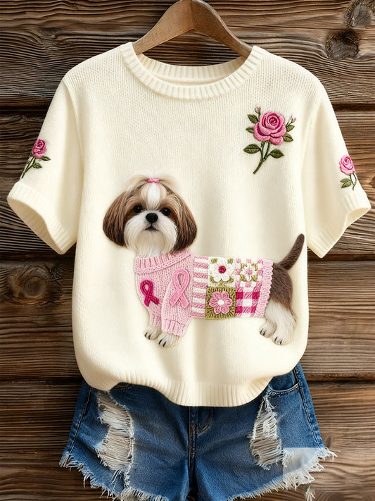 Artístico Animal Print Confortável Malha Top de manga curta feminino