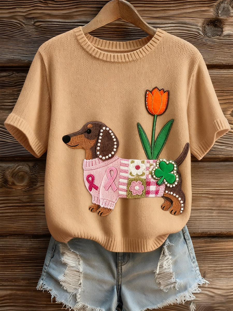 Artístico Animal Print Confortável Malha Top de manga curta feminino