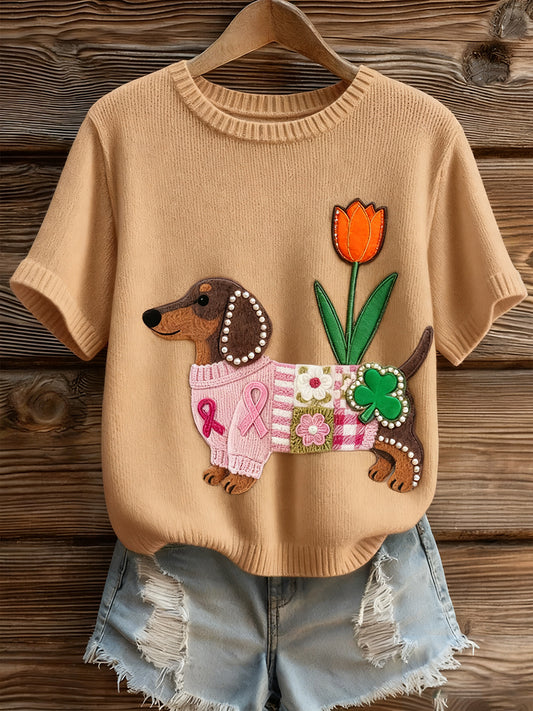 Artístico Animal Print Confortável Malha Top de manga curta feminino