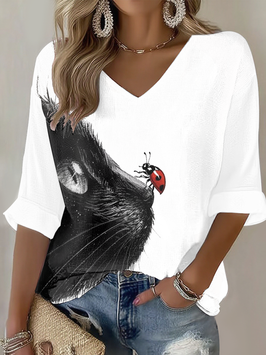 Gato bonito das mulheres impresso waffle t-shirt