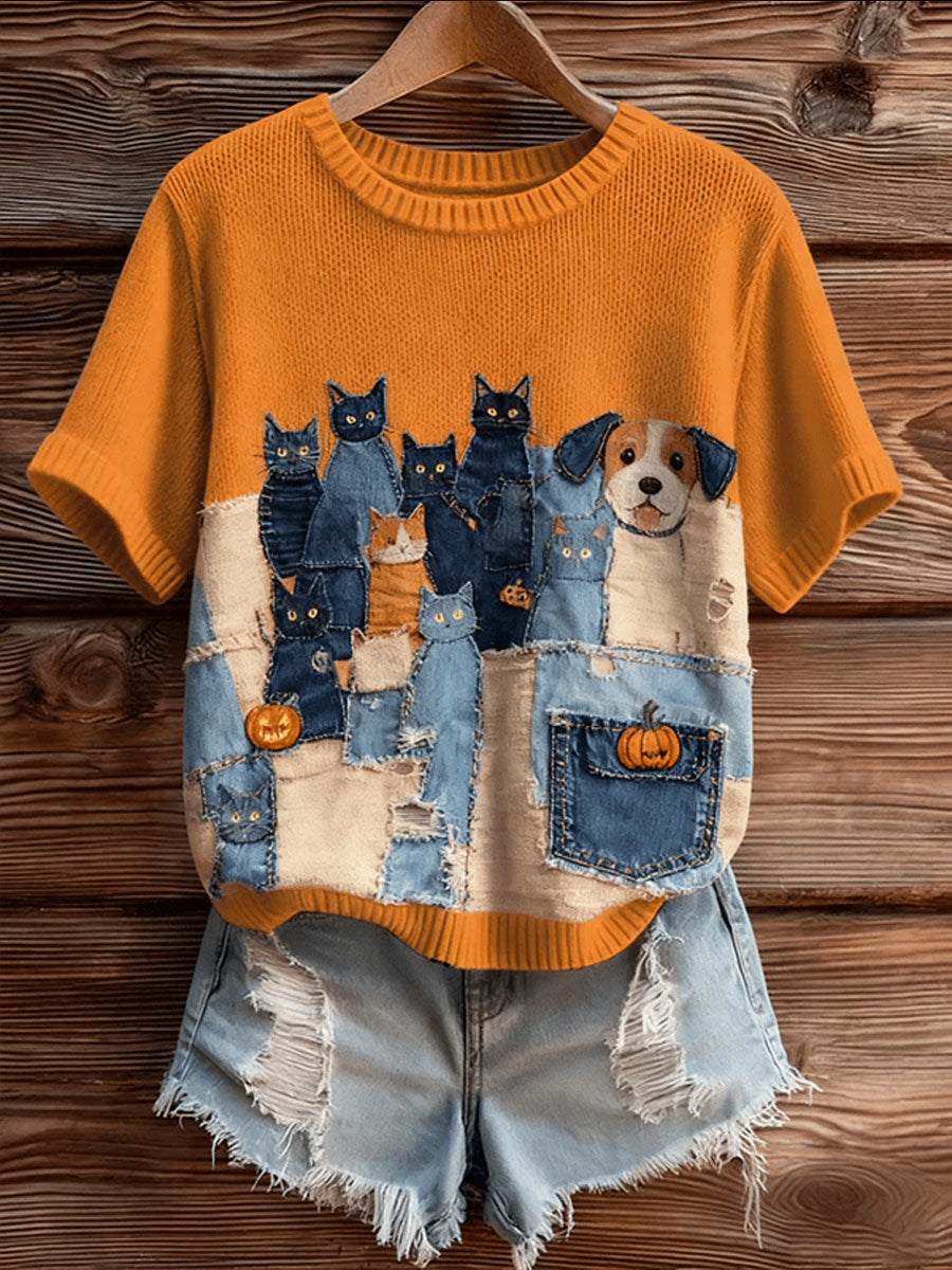T-shirt de manga curta bonito das mulheres empilhadas gatos e cães