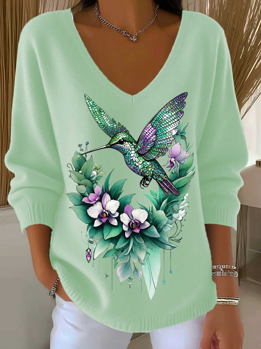 Arte Floral Retro Animal V-Neck Casual Top feminino