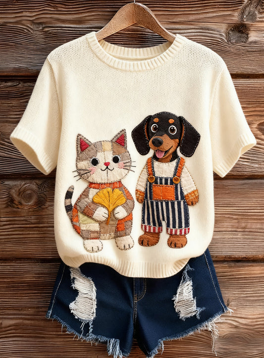 Artístico Animal Print Confortável Malha Top de manga curta feminino