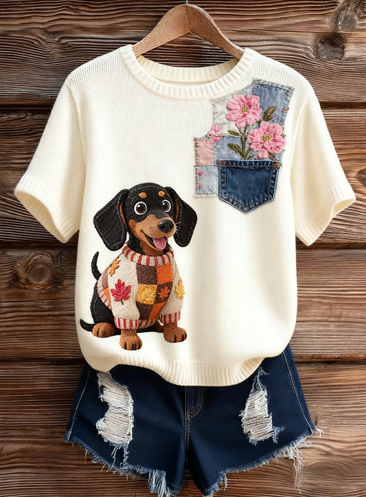 Artístico Animal Print Confortável Malha Top de manga curta feminino