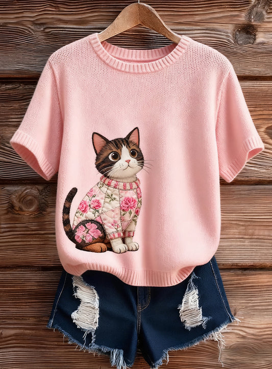 Artístico Animal Print Confortável Malha Top de manga curta feminino