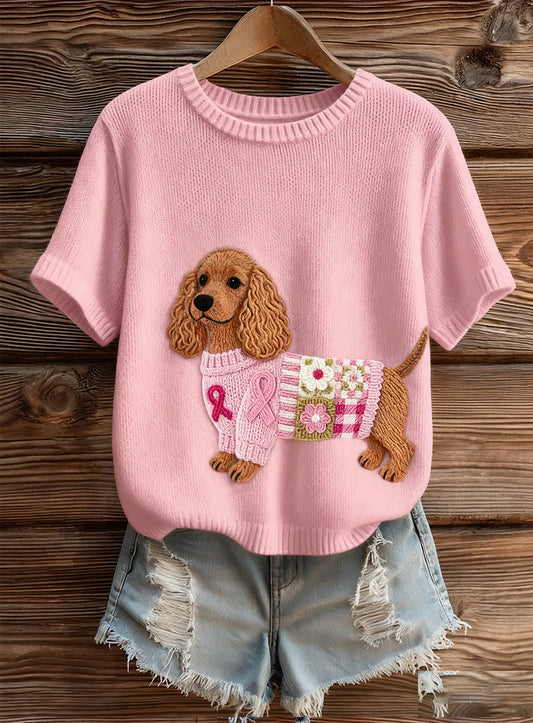 Artístico Animal Print Confortável Malha Top de manga curta feminino