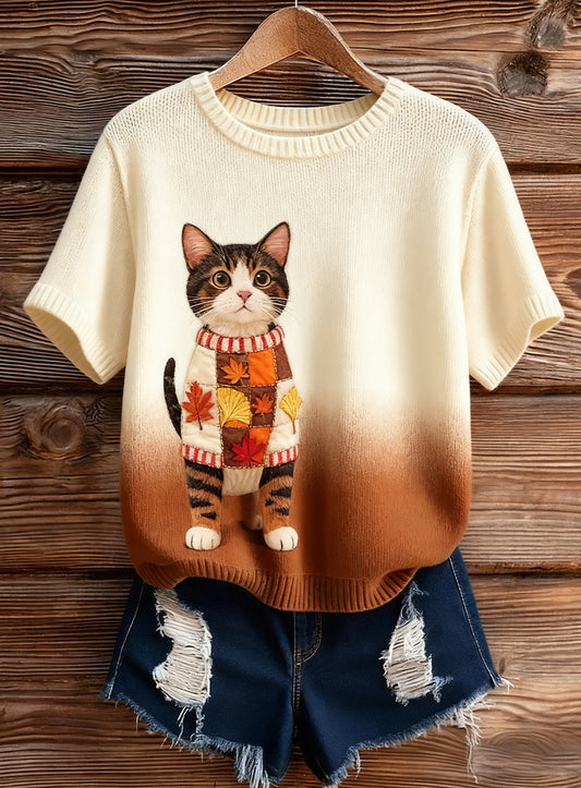 Artístico Animal Print Confortável Malha Top de manga curta feminino
