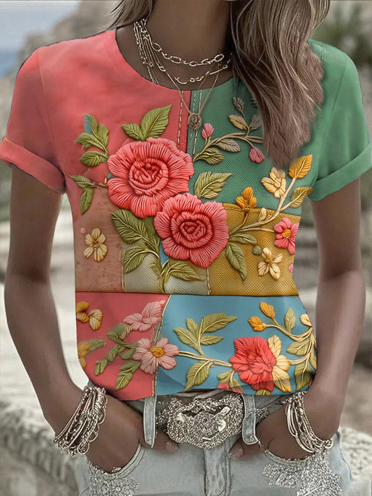 T-shirt de manga curta retro arte floral feminino
