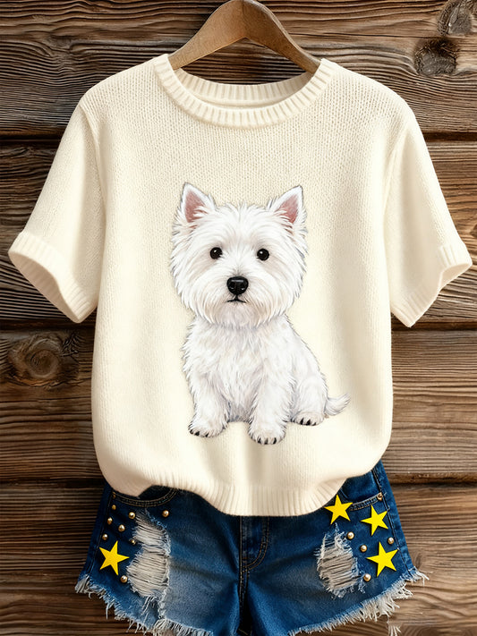 Artístico Animal Print Confortável Malha Top de manga curta feminino