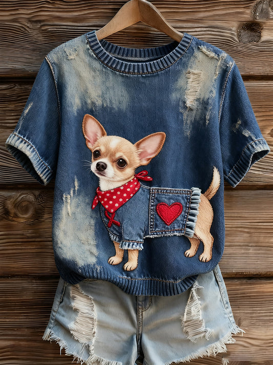 Artístico Animal Print Confortável Malha Top de manga curta feminino