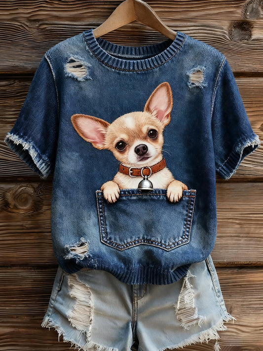 Artístico Animal Print Confortável Malha Top de manga curta feminino