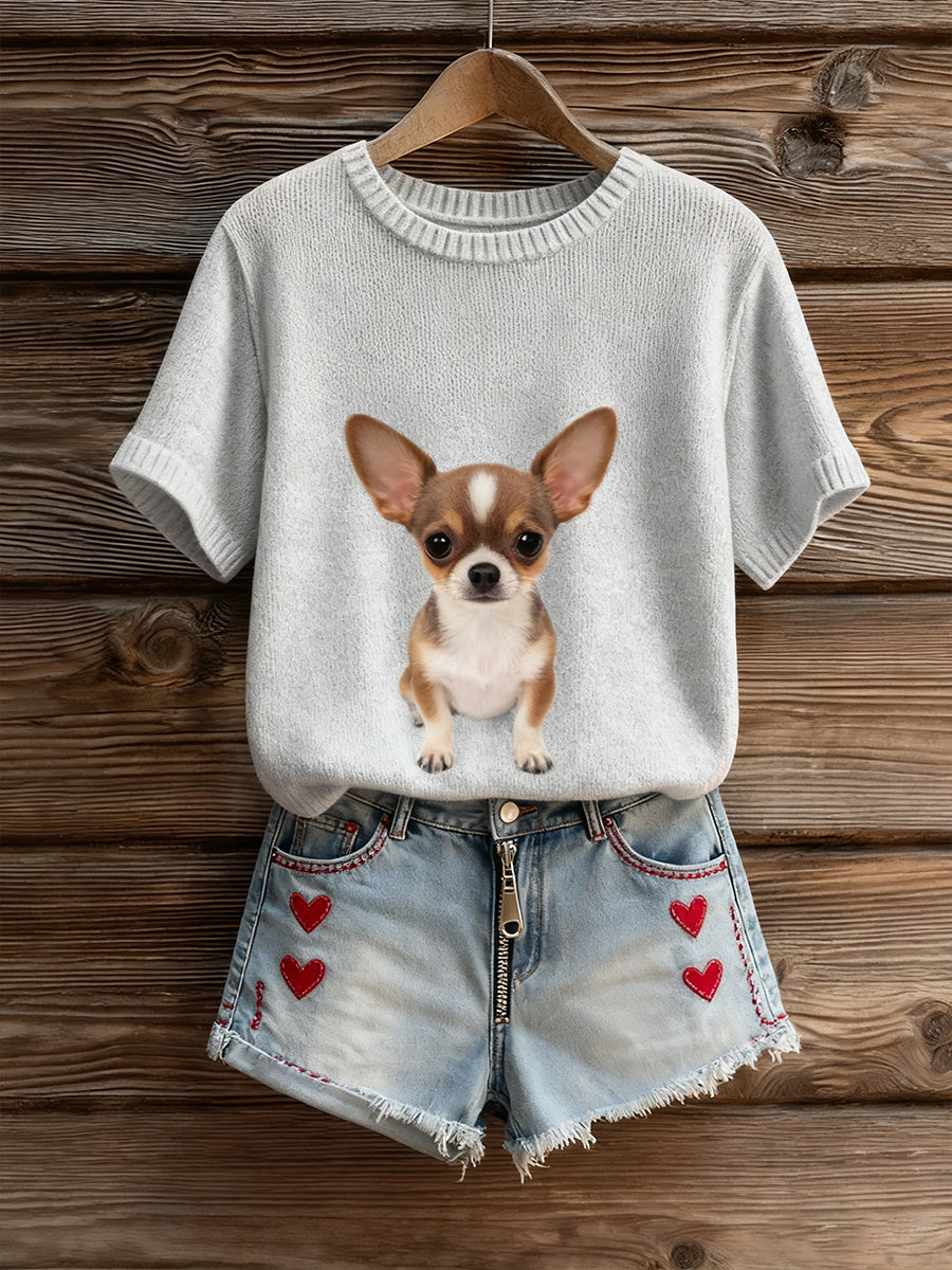 Artístico Animal Print Confortável Malha Top de manga curta feminino