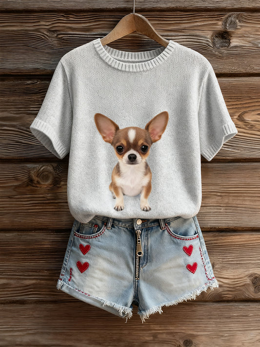 Artístico Animal Print Confortável Malha Top de manga curta feminino