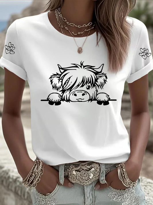 T-shirt Casual impressão vaca Highland feminino