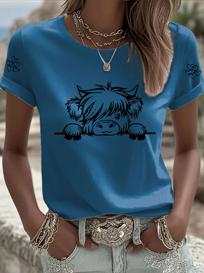 T-shirt Casual impressão vaca Highland feminino