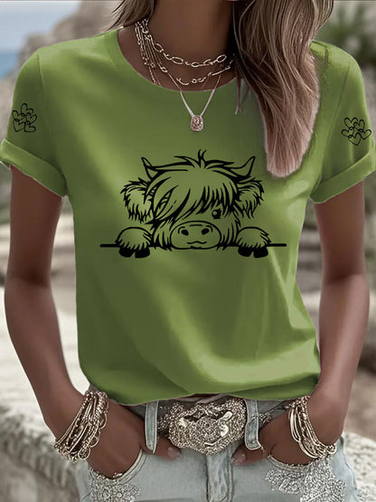 T-shirt Casual impressão vaca Highland feminino