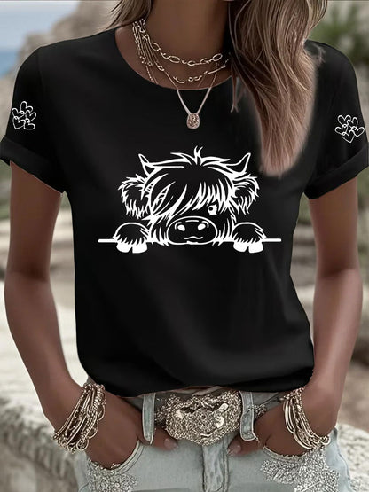 T-shirt Casual impressão vaca Highland feminino