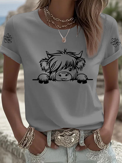 T-shirt Casual impressão vaca Highland feminino
