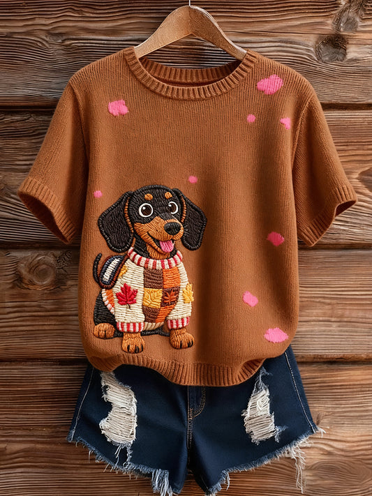 Artístico Animal Print Confortável Malha Top de manga curta feminino