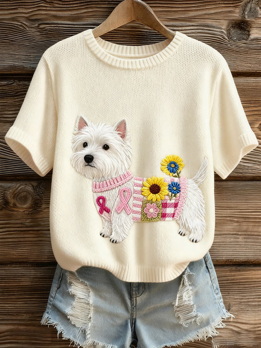 Artístico Animal Print Confortável Malha Top de manga curta feminino