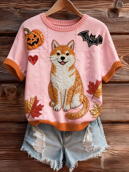 Artístico Animal Print Confortável Malha Top de manga curta feminino