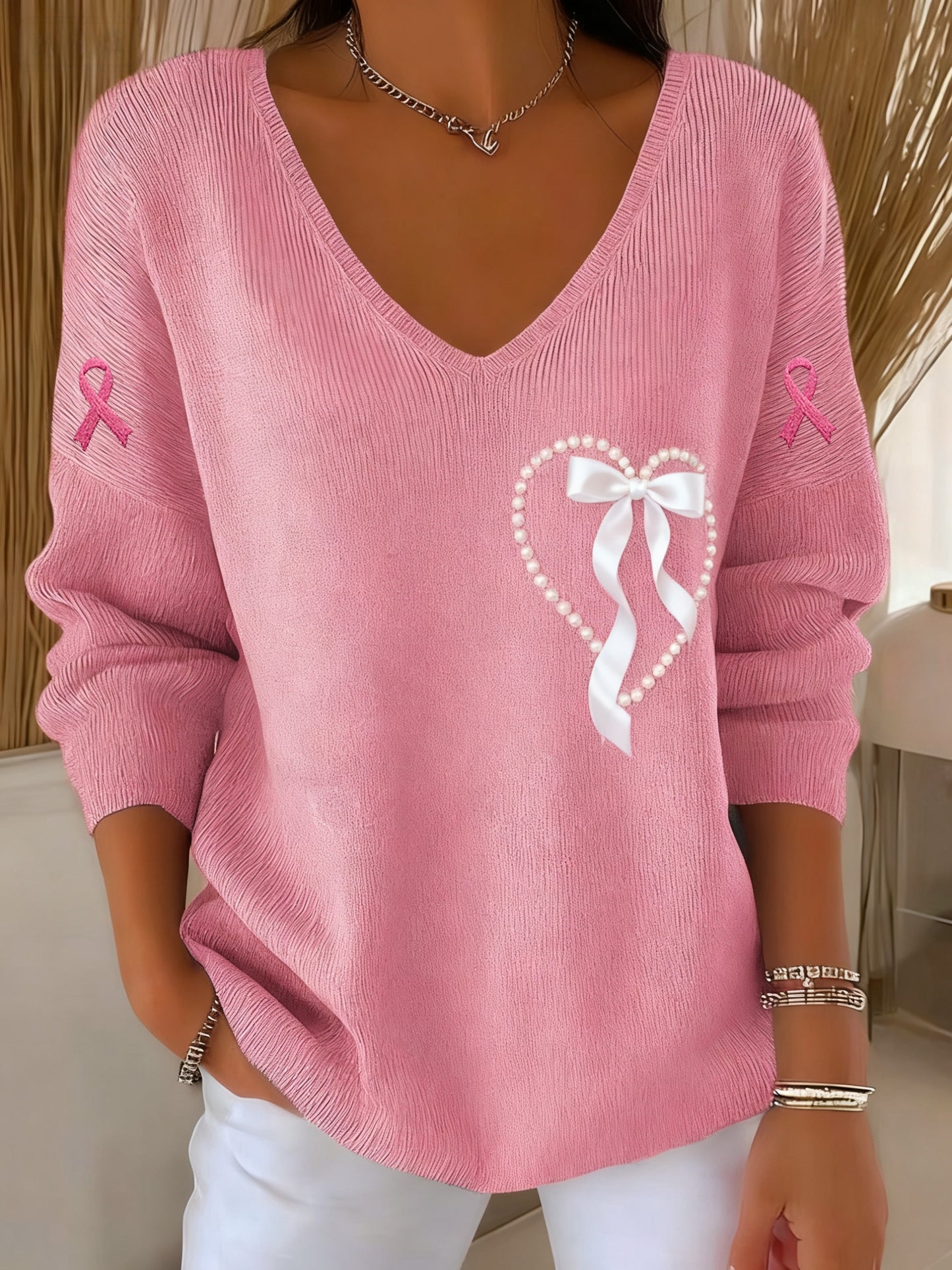 Consciência Feminina Casual Câncer de Mama Imprimir Camiseta Manga Longa