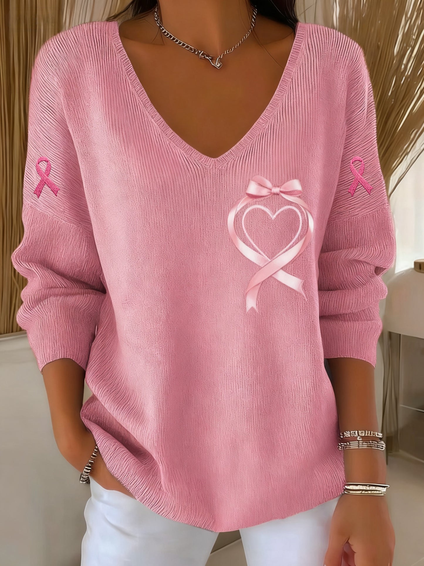 Consciência Feminina Casual Câncer de Mama Imprimir Camiseta Manga Longa