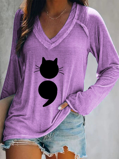 Gato feminino imprime camiseta de manga comprida com decote