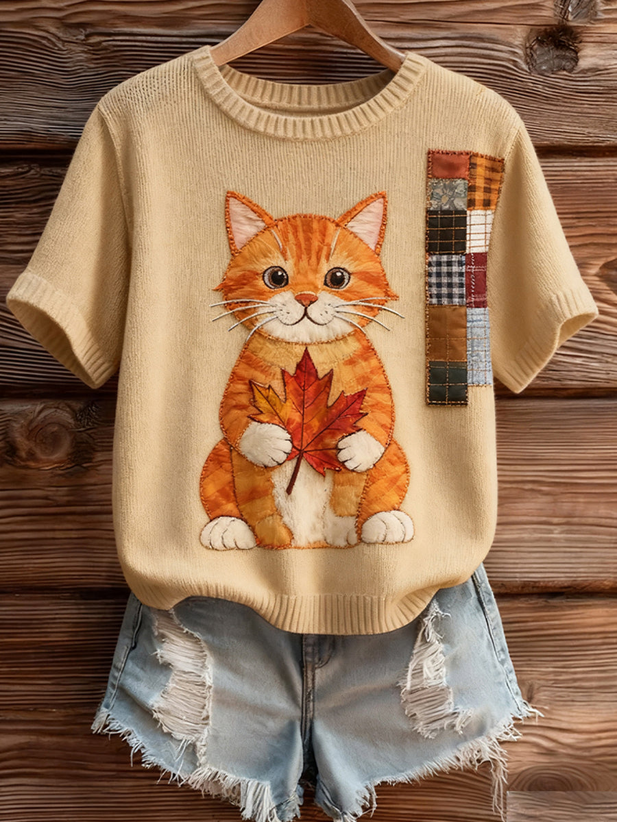 Artístico Animal Print Confortável Malha Top de manga curta feminino