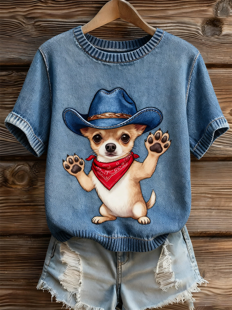Artístico Animal Print Confortável Malha Top de manga curta feminino