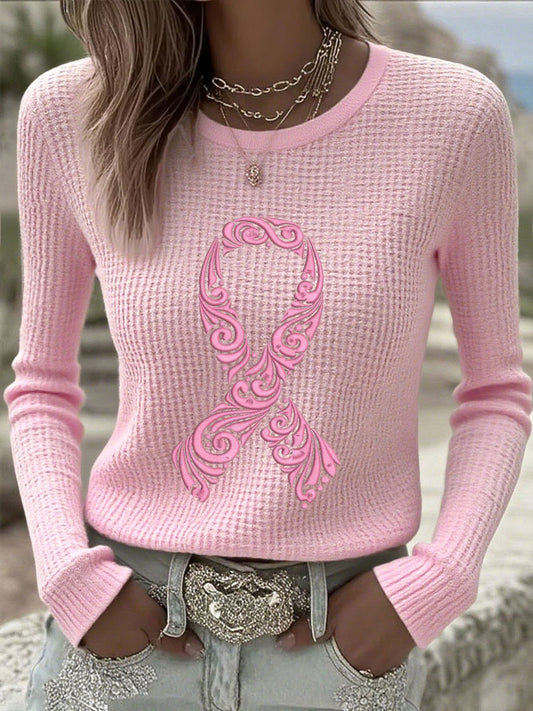 Consciência câncer de mama feminino fita rosa manga longa camisetas